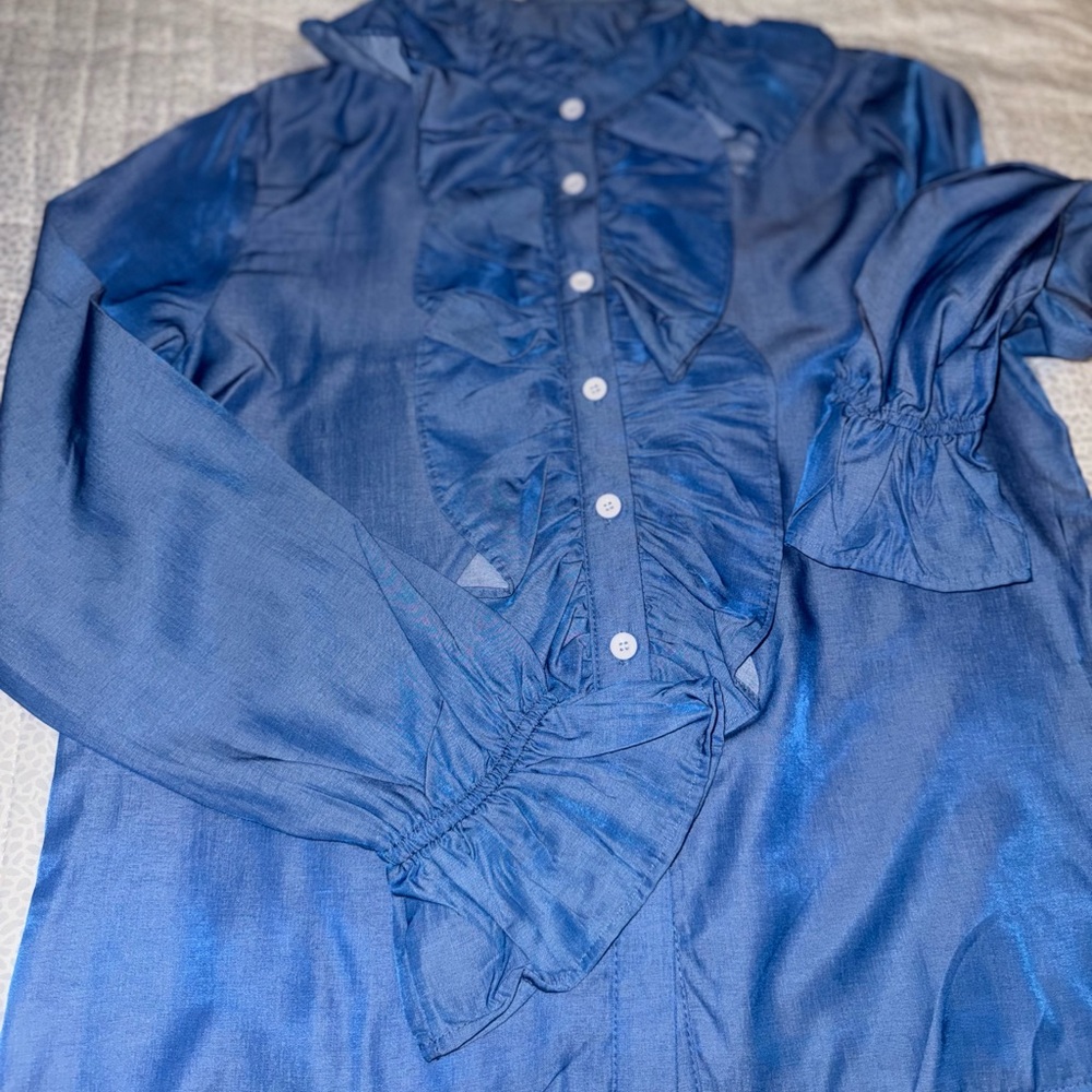 Blue Ruffled Button-Up Blouse